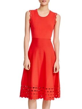 MAJE Size 3/Large Rumba Red Perforated Cutout Stretch Knit Sleeveless Midi Dress